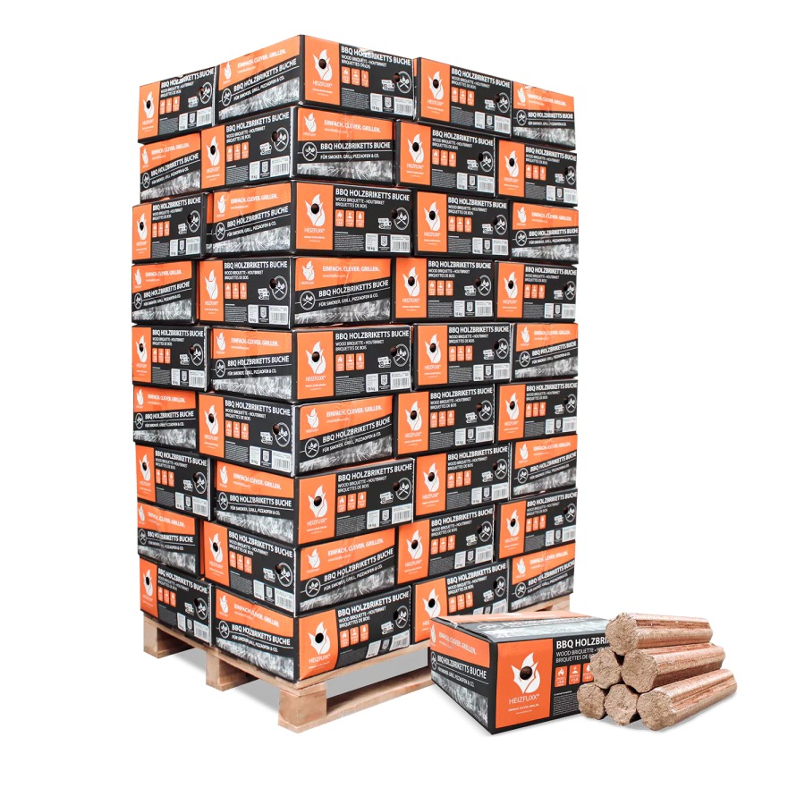Briquettes BBQ en hêtre pur – cartons de 18 kg – palette de 54 paquets (972 kg)